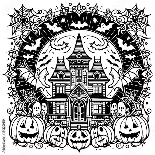 Ornate Halloween illustration featuring a haunted house, pumpkins, bats, ghosts, and spiderwebs against a moonlit sky.