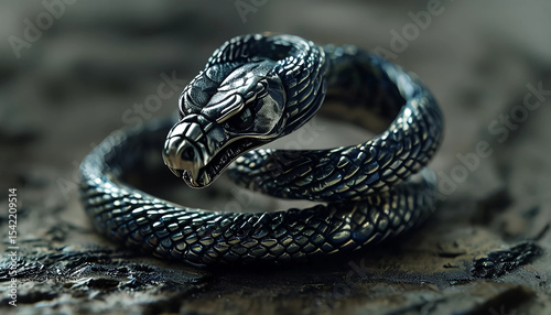 immagine di un complesso anello di metallo a forma di serpente velenoso con un design intrecciato, image of a complex metal ring in the shape of a poisonous serpent with an intertwined design