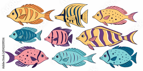 Cartoon vector illustration of a cute set of colorful tropical aquarium fishes swimming in the ocean