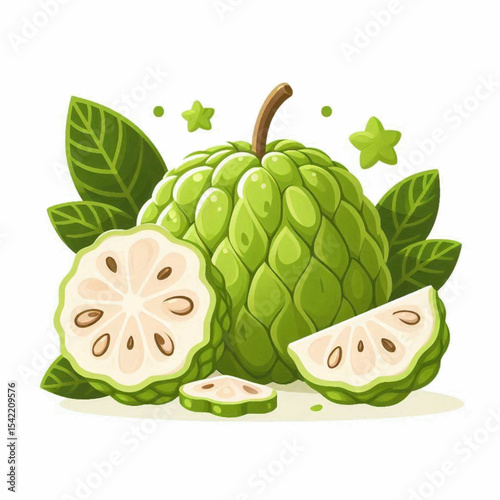 Green custard apple with leaves half  slice