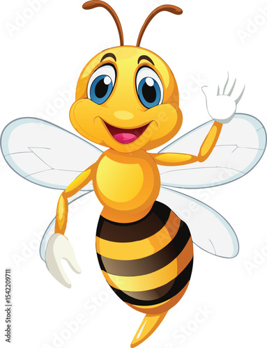 Happy cartoon bee waving isolated on white background