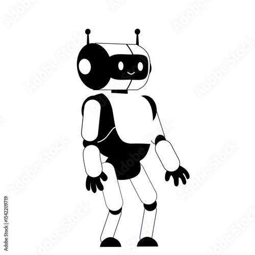 black and white cartoon robot with antennae and friendly face, standing upright on white background. Humanoid futuristic character for tech and AI illustrations