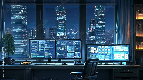 A modern workspace with multiple screens displaying data analytics at night, city skyline visible