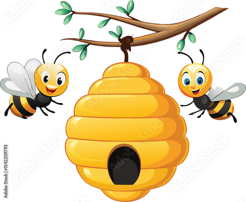 Cartoon beehive hanging on a branch with two happy bees