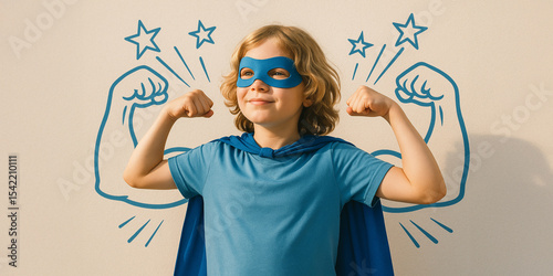 Smiling child in superhero costume flexing arms with blue cape and mask, standing in front of drawn muscular arms and stars