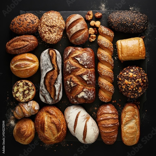 Assorted artisanal breads displayed on a dark surface.  A variety of shapes, sizes, and textures are shown, from loaves to rolls