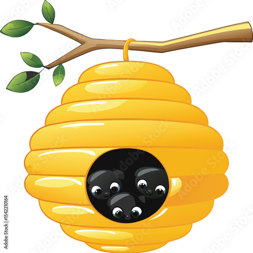 Cartoon beehive hanging from a branch with baby bees inside isolated