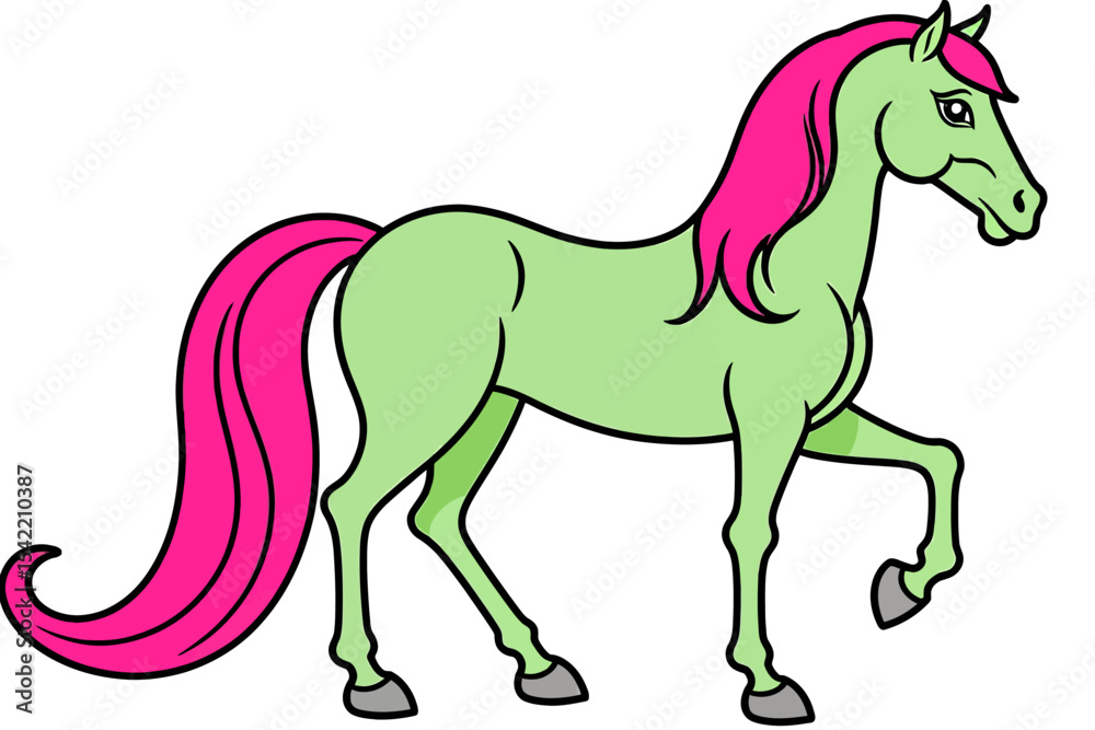 Obraz premium Cartoon Green Horse with Pink Mane and Tail- Cute Equine Illustration for Kids- Whimsical Animal Art for Children's Books- Fantasy Horse Image