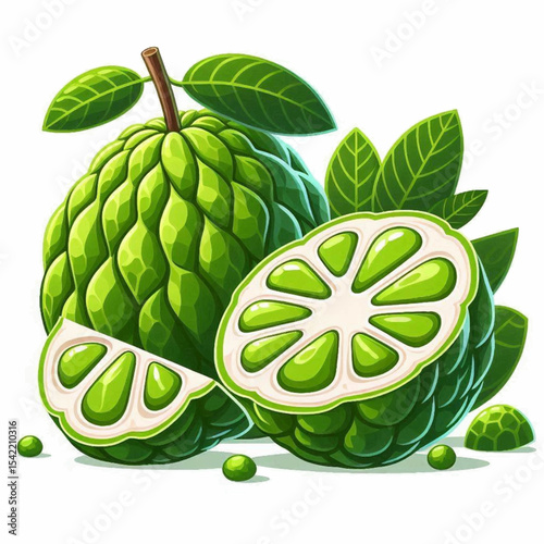 Green sweetsop fruits are sliced and whole with leaves