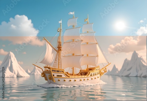 Majestic White and Gold Sailing Ship Navigating Icy Waters with Towering Snow-Capped Mountains Under a Sunny Sky