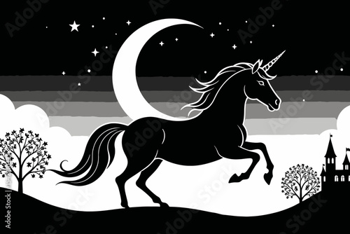 Black Unicorn under Moonlight-Fantasy Art with Castle and Stars-Enchanted Illustration for Magical Decor-Whimsical Unicorn Image with Dreamy Landscape