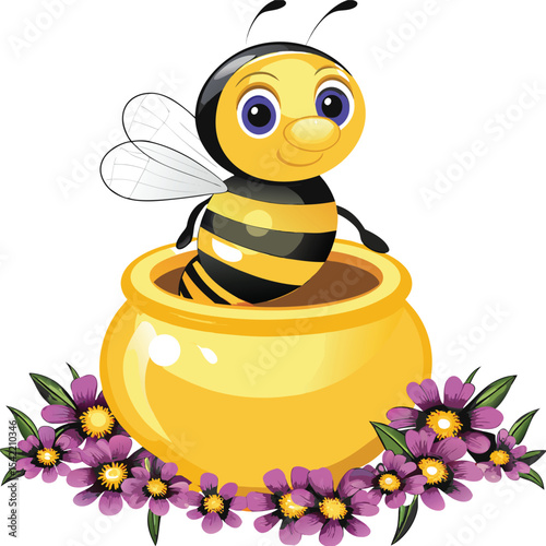 Cartoon bee sitting in a pot of honey surrounded by flowers isolated