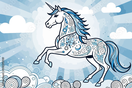 Blue Unicorn in the Sky-Fantasy Horse Illustration-Magical Creatures Art-Beautiful Unicorn with Clouds and Stars-Unique Floral Design-Download Now for Coloring Fun