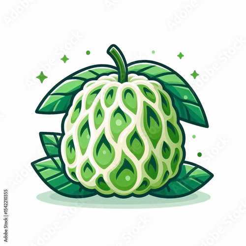 Green  white sugar apple fruit with leaves a stem  green dotsstars around it