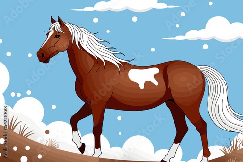 Brown and White Horse Cartoon Illustration-Beautiful Animated Horse in a Field-Digital Art Horse with Clouds and Blue Sky Background-Animal Illustration