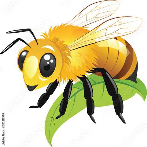 Cartoon honeybee sitting on a green leaf isolated on white background