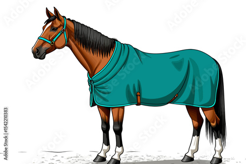 Brown Horse with Teal Blanket- Equestrian Fashion Illustration- Horseback Riding Gear-Horse Blanket for Warmth-Animal Art-Digital Horse Illustration
