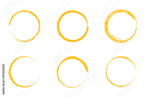 vector set of yellow Golden grunge circle brush vector illustration. Abstract golden paint brushstroke circles pack. Set of golden brush circle. Set of circle, golden paint, ink, dirty brush strokes. 