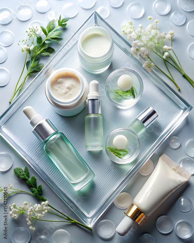 Top view of Korean skincare products on transparent acrylic