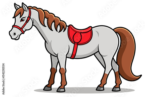Cartoon Horse with Red Saddle-Cute Animal Illustration-Equine Art for Kids-Playful Pony Drawing-Farm Animal Graphics-Horseback Riding Clipart