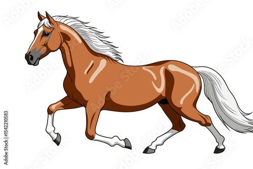 Chestnut Horse Illustration-Beautiful Running Horse with White Mane and Tail-Detailed Digital Art of a Galloping Equine Animal