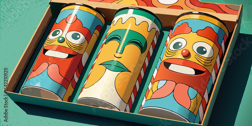 Set of Three Colorful Cylindrical Packages with Cute Cartoon Faces in Box – Playful Modern Packaging Design – Generative AI
