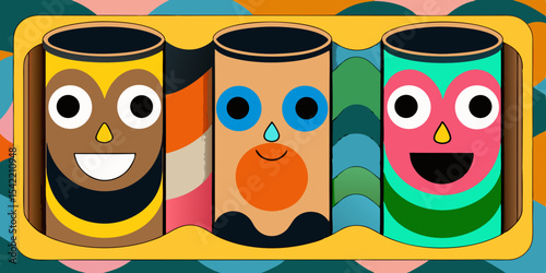 Set of Three Colorful Cylindrical Packages with Cute Cartoon Faces in Box – Playful Modern Packaging Design – Generative AI