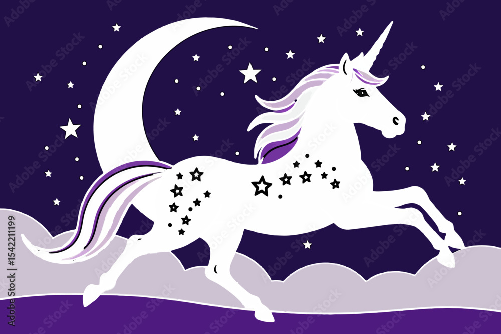Fototapeta premium Dreamy Unicorn Illustration-Magical Creature Art with Moon and Stars-Fantasy Animal Graphic for Kids-Purple and White Unicorn Design-Enchanting Night Sky Scene