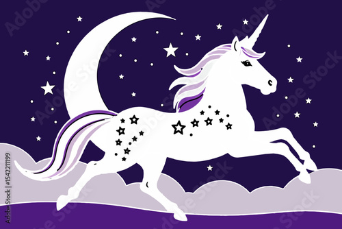 Dreamy Unicorn Illustration-Magical Creature Art with Moon and Stars-Fantasy Animal Graphic for Kids-Purple and White Unicorn Design-Enchanting Night Sky Scene