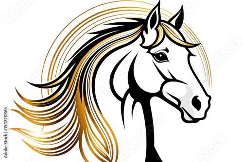 Elegant Horse Head Vector Illustration- Black and Gold Mane Design- Artistic Animal Graphic for Crafts and Prints- Equestrian Theme Artwork