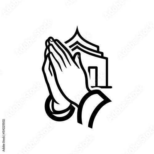 Hands clasped in prayer near a building a symbol of faith or devotion