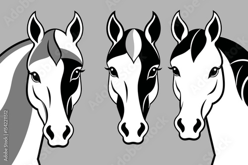 Elegant Horse Trio- Black and White Equine Art- Minimalist Horse Design- Striking Horse Portrait- Artistic Horse Illustration- Horse Lovers Gift Idea