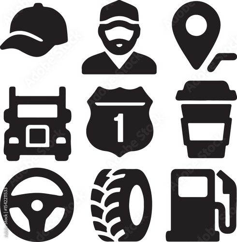 Logistics and transportation icon set in black silhouette style featuring truck, driver, fuel, steering wheel, tools, and map — ideal for delivery, fleet management, and transport-related designs.

