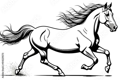 Elegant Running Horse Illustration-Black and White Drawing of a Majestic Stallion-Detailed Vector Image of a Galloping Horse-Artistic Horse Design for Prints