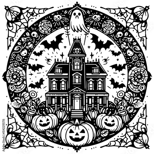 Ornate Halloween illustration featuring a haunted house, pumpkins, bats, ghosts, and spiderwebs against a moonlit sky.
