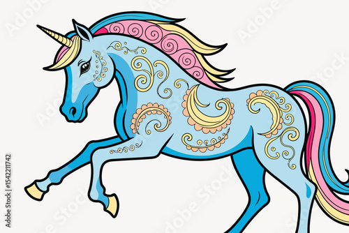 Enchanting Blue Unicorn Illustration - Mystical Creature Art with Pastel Mane and Decorative Details - Fantasy Horse with Spirals and Floral Accents for Childrens Designs