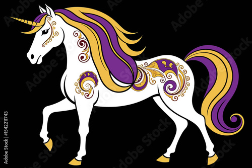 Elegant White Unicorn with Gold and Purple Mane - Ornate Design Featuring Swirls and Curls - Fantasy Creature Art Illustration - Majestic Horse with a Horn