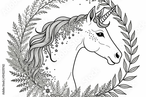 Enchanting Unicorn Coloring Page for Adults-Detailed Floral Wreath Design-Printable Unicorn Art-Relaxing Coloring Activity-Fantasy Creature Illustration