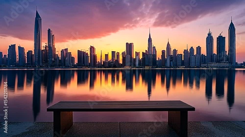 A serene sunset view over a city skyline reflecting on water with a bench in the foreground