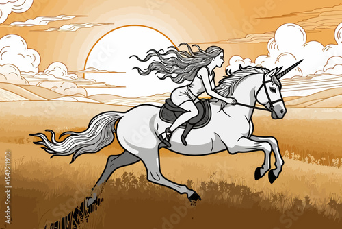 Fantasy Art-Woman Riding Unicorn at Sunset-Magical Journey Illustration-Digital Art of Girl on Unicorn in Golden Field-Mythical Creature and Rider Art