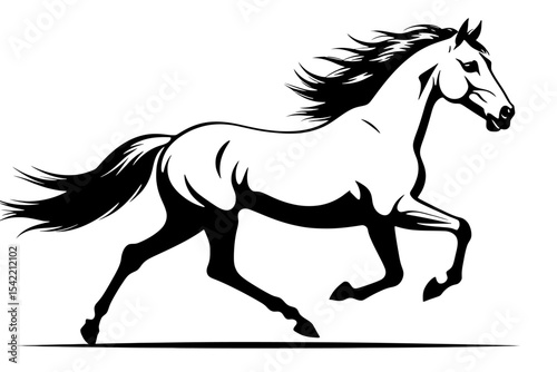 Galloping Horse Illustration- Black and White Stallion Image- Equestrian Art Graphic- Horse Silhouette Design- Running Horse Vector for Prints and Crafts