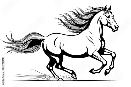 Galloping Horse Illustration-Black and White Stallion Drawing-Majestic Equine Art-Dynamic Horse Design-Powerful Animal Image-Free Horse Clipart