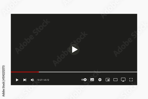 Media player interface, video playback screen with controls, flat minimal design