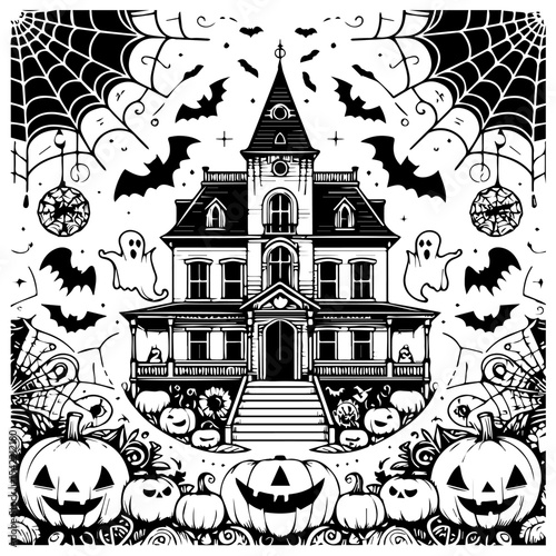 A spooky haunted house illustration with pumpkins, bats, ghosts, and spiderwebs, creating a Halloween scene.