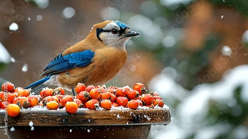 A vibrant blue jay perched on a wooden feeder filled with bright red berries amidst falling snow