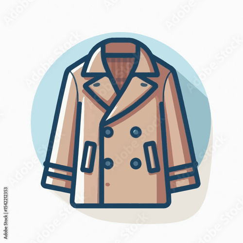 Illustrated beige trench coat with blue outline featuring buttons  pockets Light blue circle behind it