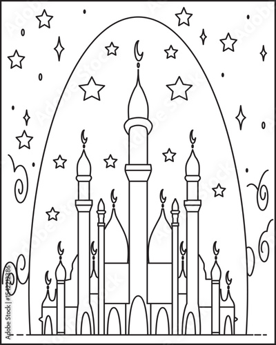 Islamic Mosque Coloring Page for Kids and Adults, based on Ramadan.