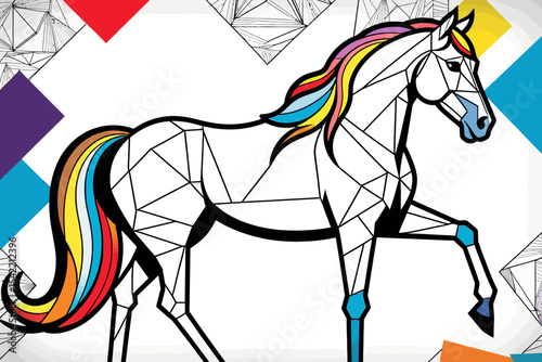 Geometric Horse Illustration with Rainbow Mane and Tail- Modern Animal Art- Unique Horse Graphic Design- Abstract Equine Image- Colorful Horse Artwork