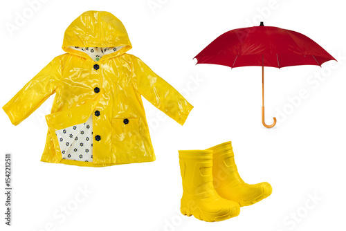 Autumn children's collage, raincoat umbrella and rubber boots isolated on white background