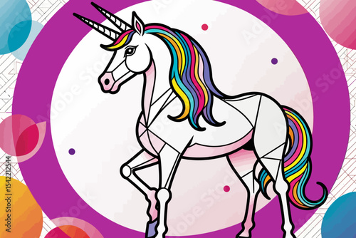 Geometric Unicorn Illustration-Rainbow Mane-Modern Art-Fantasy Creature-Unique Design-Vibrant Colors-Magical-Elegant-Digital Art-Creative-Whimsical-Bold-Eye Catching
